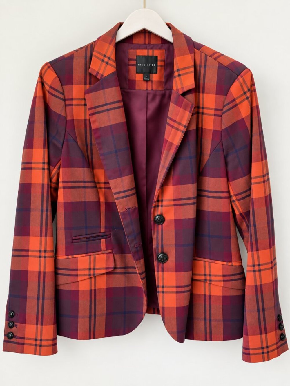 The Limited Plaid Blazer Women’s L Orange Burgundy Purple Tailored Fall Jacket